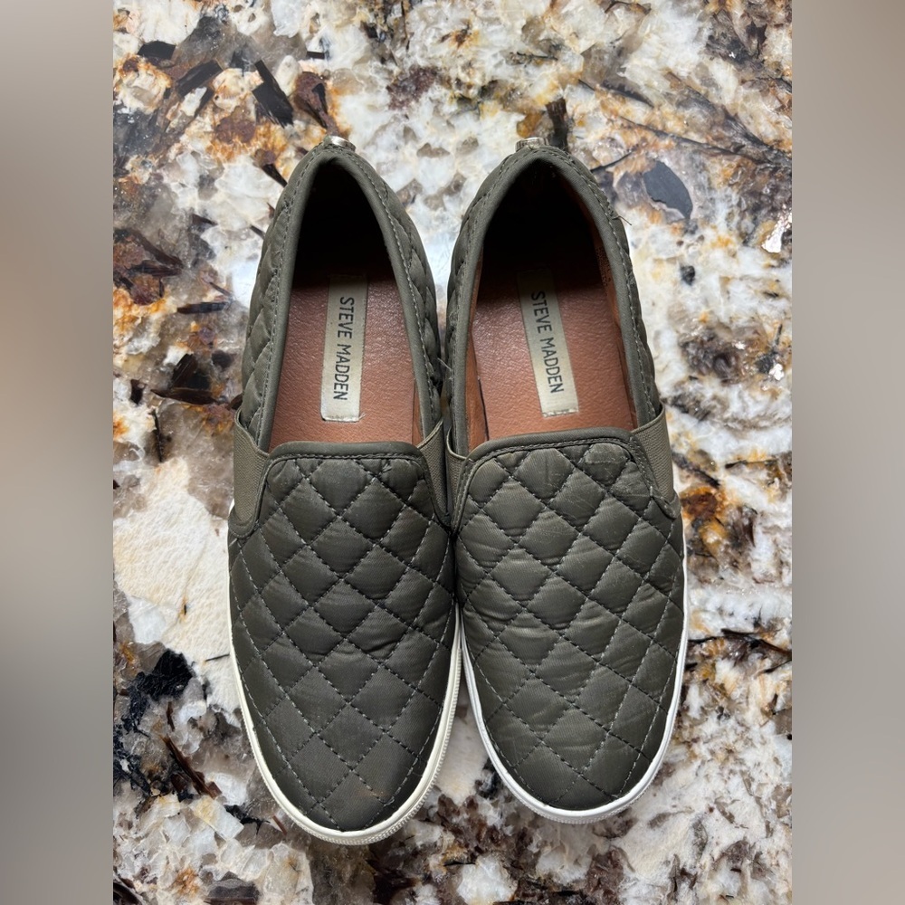 Steve Madden  Quilted Olive Slip-On Loafers - Picture 2 of 9